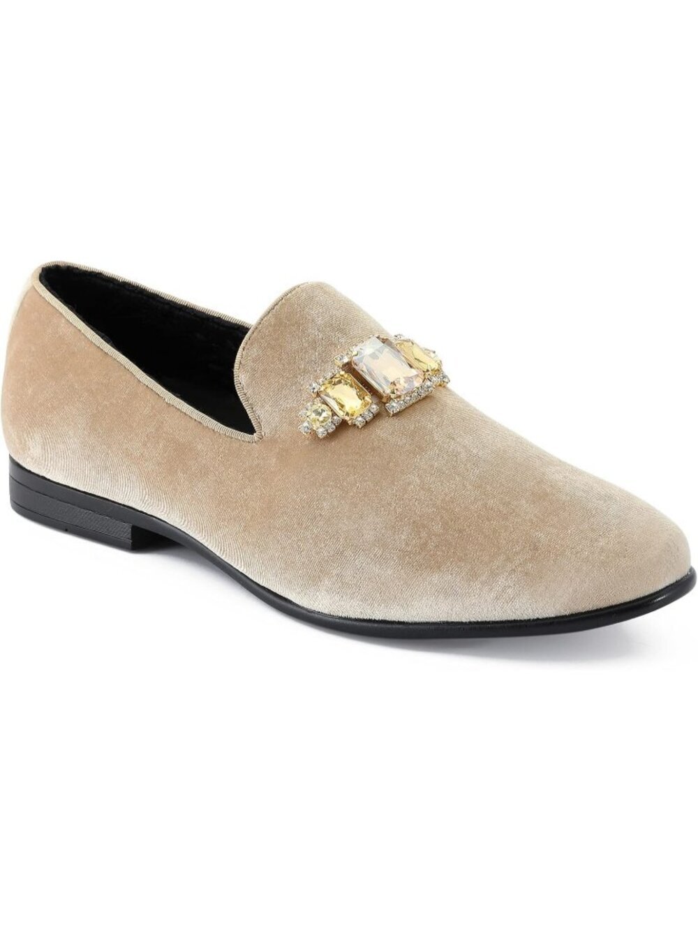 Amali Men's Beige Velvet Loafers with Jeweled Bit Slip On Tuxedo Formal Shoes
